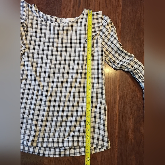 LOFT Women's Small Black Tan Plaid Ruffled Shoulder 100% Cotton Casual Top Shirt - Picture 10 of 12